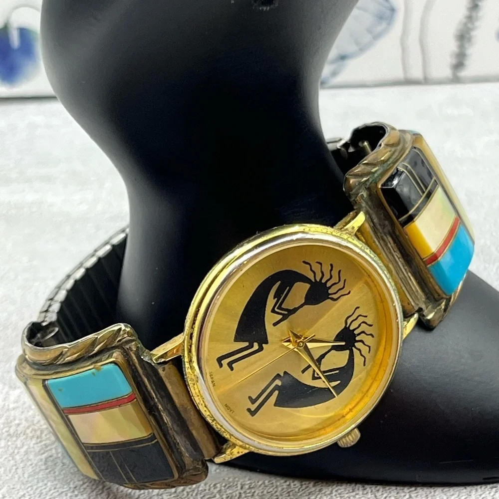 Watch Tip Albert Yazzie Gold Watch 925 Colorful Turquoise Onyx MOP Coral VTG